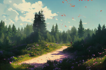 Wall Mural - Beautiful illustration of forest with flowers