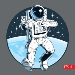 Wall Mural - Astronaut in outer space shows thumb up and pointing gestures. Friendly space tourist. Vector illustration.