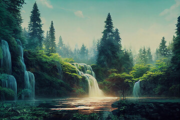 Wall Mural - Beautiful forest illustration with water