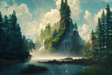 Poster - Beautiful forest illustration with water