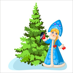 Wall Mural - Snow Maiden and Christmas tree with toys in traditional Russian style. New Year vector set for the New Year's card, postcards, stickers