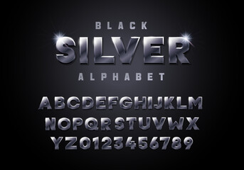 Black Silver Alphabet. Metallic iron steel font 3d effect typographic elements. Mettalic stainless steel three dimensional typeface effect