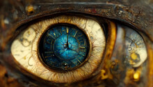 Eye Of Time. Clock - Eye. The Eye Of An Ancient Animal. Imagination Picture, Time - Clocks Concept. AI Illustration, 16:9. Fantasy Painting, Digital Art, Artificial Intelligence Artwork
