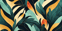 Modern Exotic Floral Jungle Pattern. Collage Contemporary Seamless Pattern. Hand Drawn Cartoon Style Pattern.