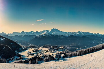 Poster - Panoramic view of mountains near Brianson, Serre Chevalier resort, France. Ski resort landscape on clear sunny day. Mountain ski resort. Snow slope. Snowy mountains. Winter vacation. Panorama, banner.