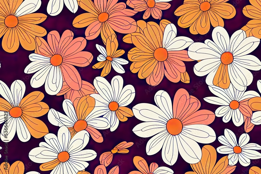 1970 Daisy Flowers, Trippy Grid, Wavy Swirl Seamless Pattern Set in ...