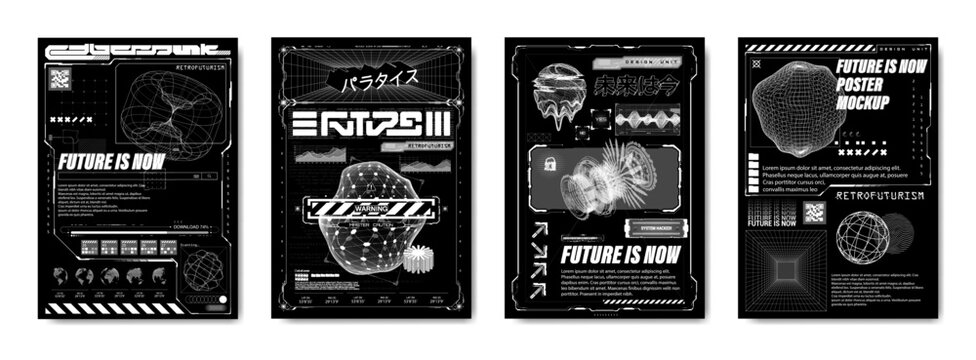 Wall Mural -  - Black and white futuristic poster. Cyberpunk, retrofuturism, vaporwave concept. Sci-fi user interface with graphic geometric shapes. Translation from Japanese - future is now, cyberpunk. Vector poster