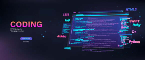 web page banner, software development, application, platforms in different programming languages, si