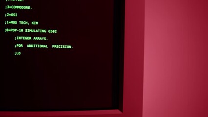 Retro pc with loading code console, programmer making scripts, green basic screen, Old computer studio close-up, Desktop vintage retro wave display, late 90s PC.