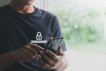 Wall Mural - Business Technology Security Concept. Asian businessman using the smart mobile phone to access on phone for validate password for biometric two steps authentication to unlock security.