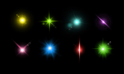 Sticker - Lens flare elements collection. Light effect, flashes of light on dark background.