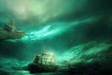Illustration Of A Shipwreck At The Bottom Of The Sea. Concept Art, Digital Painting. Fantasy Illustration.