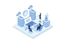 Character Connecting To Data Center And Using Cyber Security Services To Protect Personal Data. Secure Online Hosting Technology And Cloud Protection Concept, Isometric Vector Modern Illustration