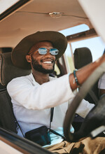 Travel, Freedom And Summer With Black Man Driving In Car On Road Trip Vacation For Adventure, Happy And Journey. Transportation, Excited And Smile With Young Guy And Sunglasses In Van For Holiday