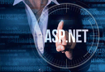 Wall Mural - business woman with finger pressing asp.net programming language button on virtual screens. modern t