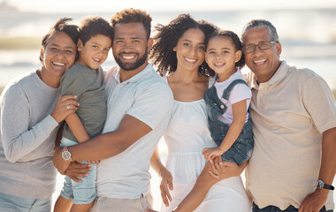 Wall Mural - Happy, black family and portrait smile for beach moments together in happiness for the outdoors. African people smiling on holiday trip or travel in South Africa to relax and bond for summer vacation