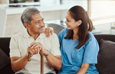 Poster - Nurse, healthcare and senior patient with medical support from caregiver, aid or hospice for health, wellness and healthy communication in retirement. Elderly man with trust in woman in old age home