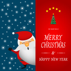 Wall Mural - Merry Christmas and Happy New Year. Santa Claus shows up to surprise Peek a boo on a snowy blue background and Christmas messages in red theme. Design for greeting card, banner, poster in paper cut.