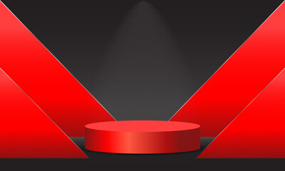 Sticker - 3d background products with a round red shape for displaying products. There is a red triangle on the side. The product stand has a flashlight coming down. Emphasis on spot elegance