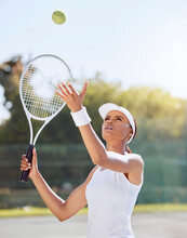 Tennis Game, Outdoor Sports And Woman Training With Energy For Sport Competition, Action On Court In Summer And Motivation For Professional Event. Athlete Player Playing And Serving For Exercise