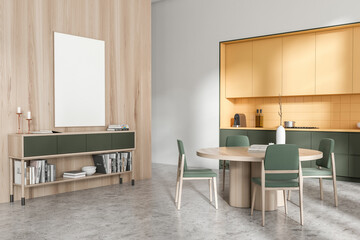 Corner view on bright kitchen room interior with white poster