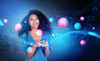 African woman using phone, data blocks and spheres in metaverse