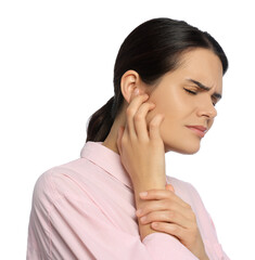 Sticker - Young woman suffering from ear pain on white background