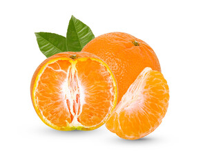 Poster - Fresh orange with leaves isolated on transparent background. (.PNG)