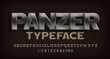Panzer alphabet font. Rusted metal letters and numbers. Stock vector typeface for your design.