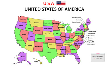 Poster - USA Map. Political map of the United States of America. US Map with color background and all states name.