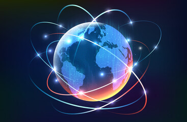 Wall Mural - 3d globe map with global social network connections, dots. planet with glowing rays around the earth
