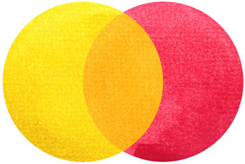 2 primary colors, red yellow watercolor painting circle round on white paper texture background