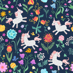 Wall Mural - Magic seamless pattern with unicorns among flowers in fairy garden.