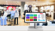 © panuwat - POS,Point of sale retail management system program concept.Modern touch screen cash register on white desk with blurred supermarket as background.