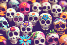Colorful Candy Sugar Skulls With Flowers On Day Of The Dead Festival In Mexico.