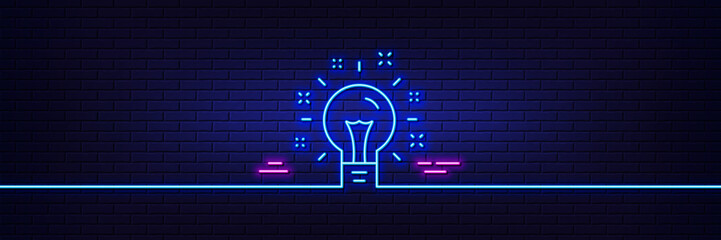 Sticker - Neon light glow effect. Idea line icon. Light bulb or Lamp sign. Creativity, Solution or Thinking symbol. 3d line neon glow icon. Brick wall banner. Idea outline. Vector