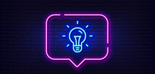 Neon Light Speech Bubble. Idea Line Icon. Light Bulb Sign. Copywriting Symbol. Neon Light Background. Idea Glow Line. Brick Wall Banner. Vector