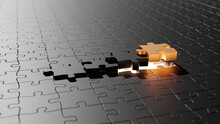 3d Rendering Abstract Background. Business Concept.outstanding Gold Jigsaw On Black. Leader, Unique, Think Different, Individual And Standing Out From The Crowd Concept.