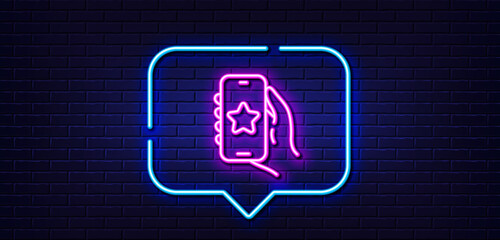 Sticker - Neon light speech bubble. Favorite app line icon. Hand hold phone sign. Cellphone with screen notification symbol. Neon light background. Favorite app glow line. Brick wall banner. Vector