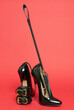 © filins - Adult sex games. Kinky lifestyle. Spank and a pair of black high-heeled shoes on the red background. Bdsm outfit