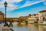 Panorama on the Lungarno and Ponte Vecchio in Florence Tuscany Italy