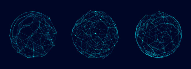 Wall Mural - Set of abstract blue spheres from points and lines on a dark background. Network connection structure. Big data visualization. Vector illustration.