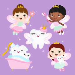 Wall Mural - Girls tooth Fairy and cute happy tooth