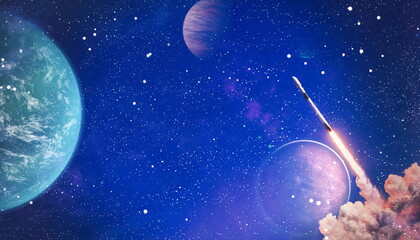 Wall Mural - shuttle launch in the clouds to outer space. Dark space with stars on background.Spaceship flight. Elements of this image furnished by NASA