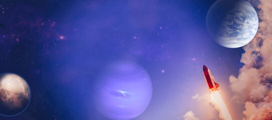 Wall Mural - shuttle launch in the clouds to outer space. dark space with stars on background.spaceship flight. e