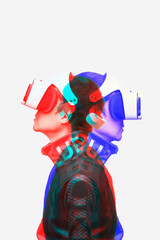 Wall Mural - man is using virtual reality headset. image with double color exposure effect.