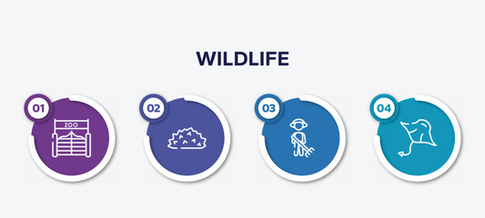 Wall Mural - infographic element template with wildlife outline icons such as zoo, hive, cleaner, manta ray vector.