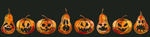 Halloween Spooky Emotion Pumpkins Collection. Vector Hand Drawn Sketch Illustration. Jack O Lanterns Face Expression