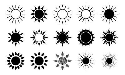 Wall Mural - Sun icons collection. Black vector elements on white background. Best for seamless patterns, decoration,  and your design.