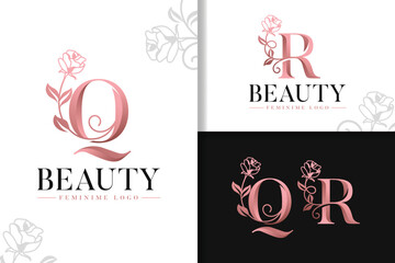 Feminine monogram rose gold logo letter q and r with flowers